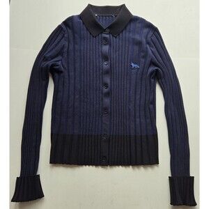 Maison Kitsune blue & black striped ribbed cotton cardigan with embroidered fox